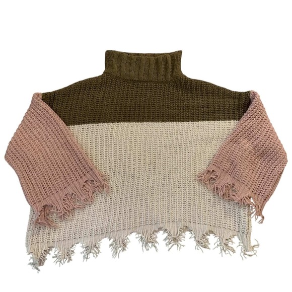POL Sweaters - POL Sweater Womens Small Brown Pink Colorblock Fringe Mock Neck MST127 Boho